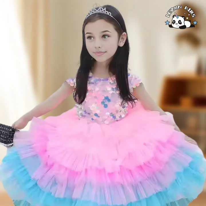 LEZONKIDS - Vestido de menina com lantejoulas e tutu em camadas para aniversário, vestido de princesa fofo e florido